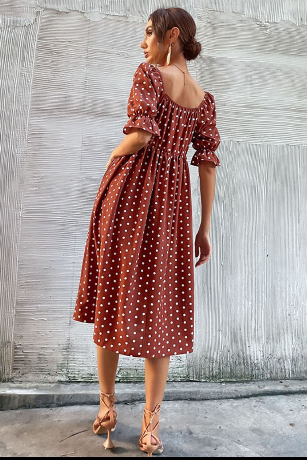 Perfee Polka Dot Square Neck Flounce Sleeve Dress