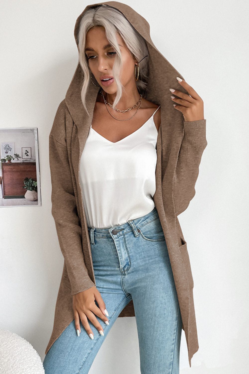 Perfee Ribbed Open Front Hooded Cardigan with Pockets