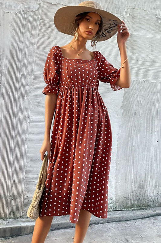 Perfee Polka Dot Square Neck Flounce Sleeve Dress