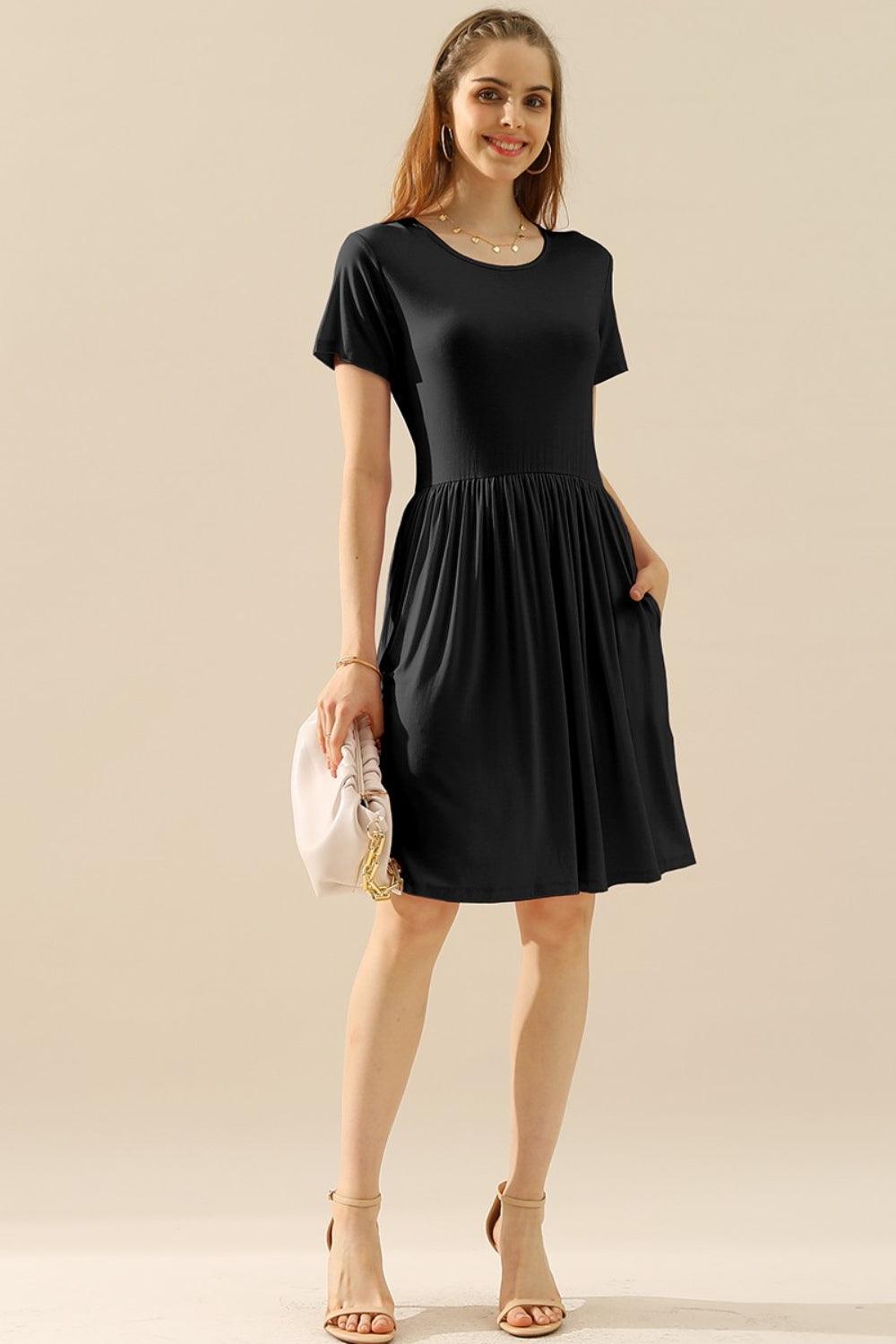 Ninexis Full Size Round Neck Ruched Dress with Pockets - Anchored Feather Boutique