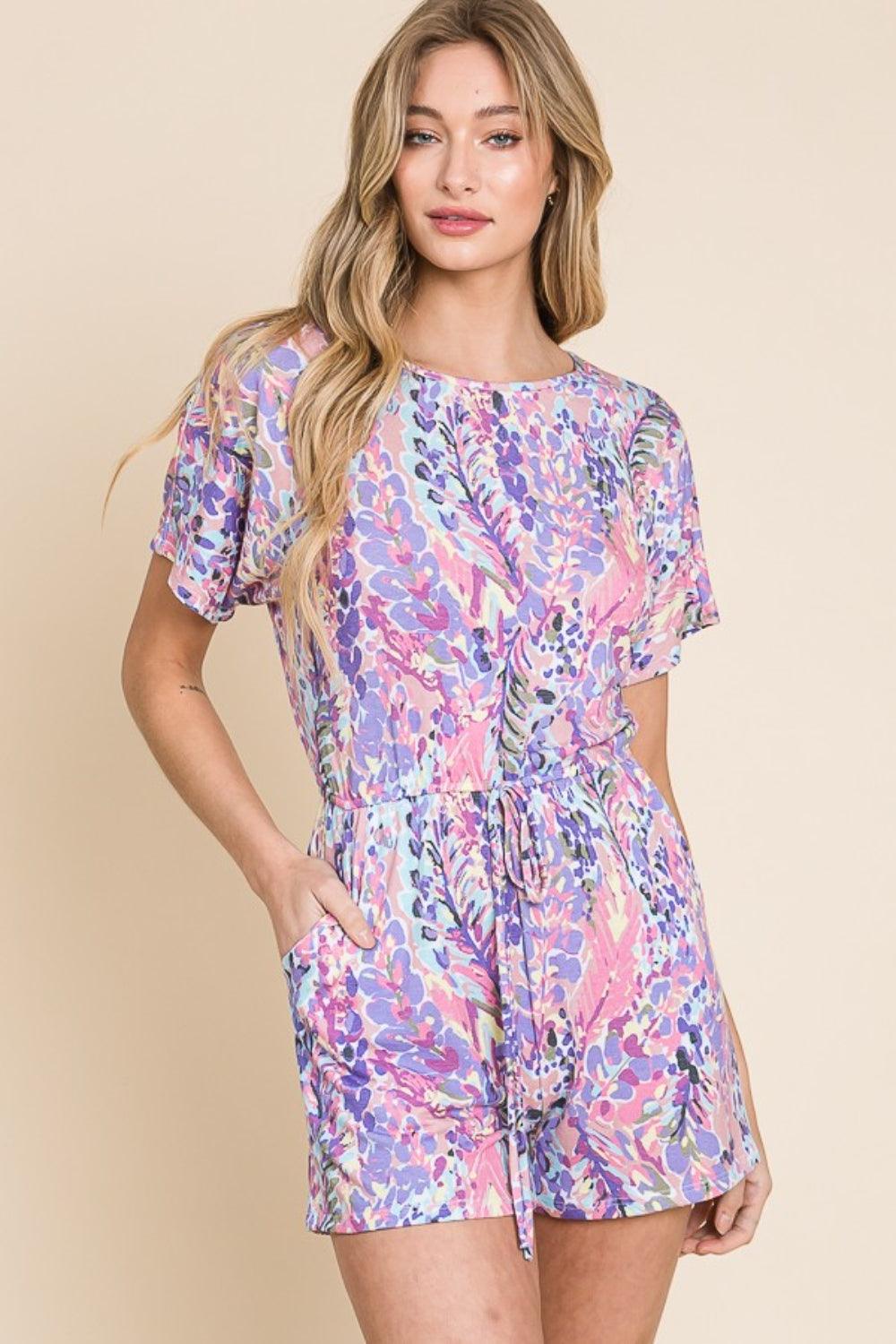 BOMBOM Print Short Sleeve Romper with Pockets - Anchored Feather Boutique