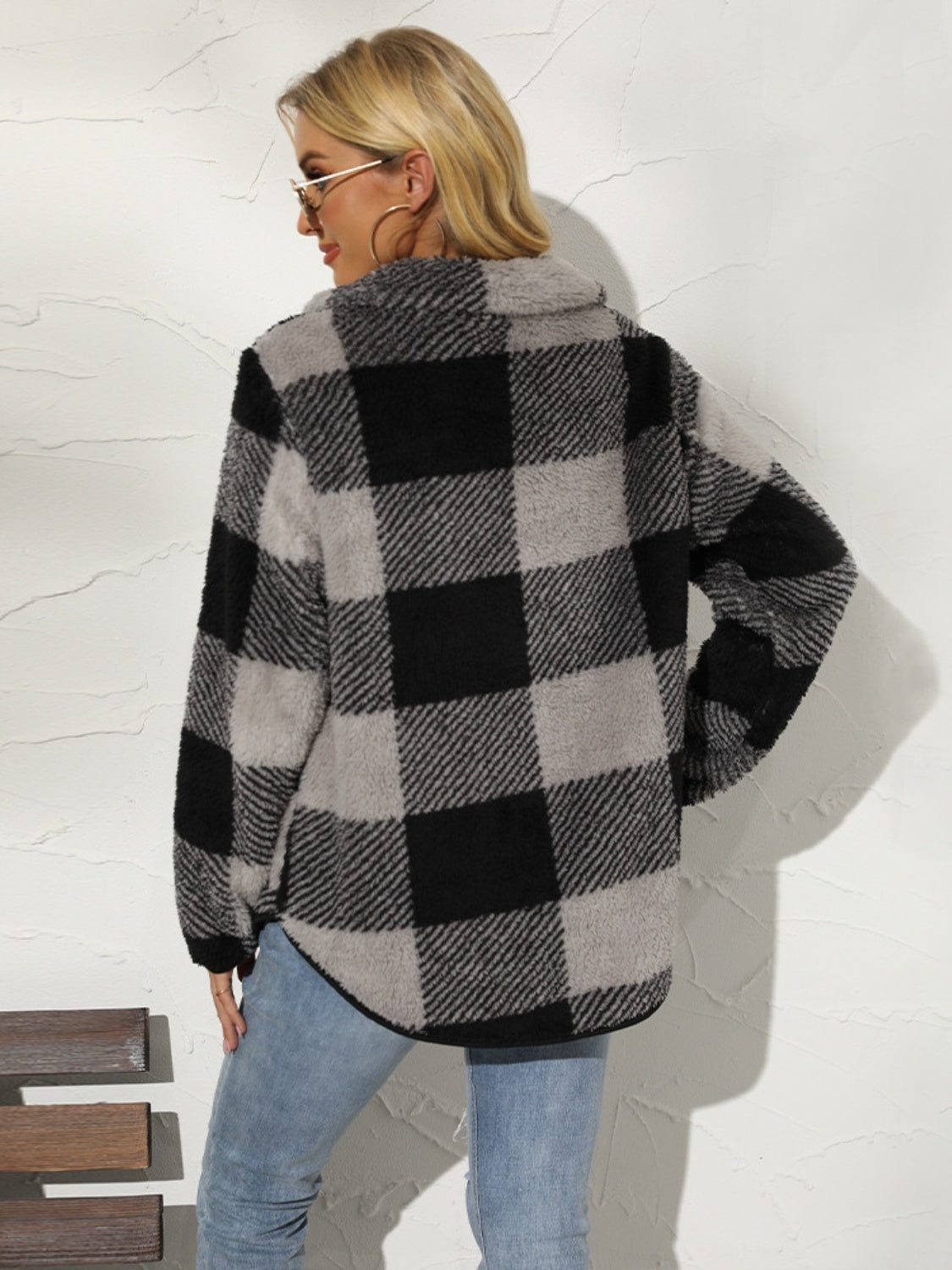 Shiny Plaid Half Zip Long Sleeve Sweatshirt