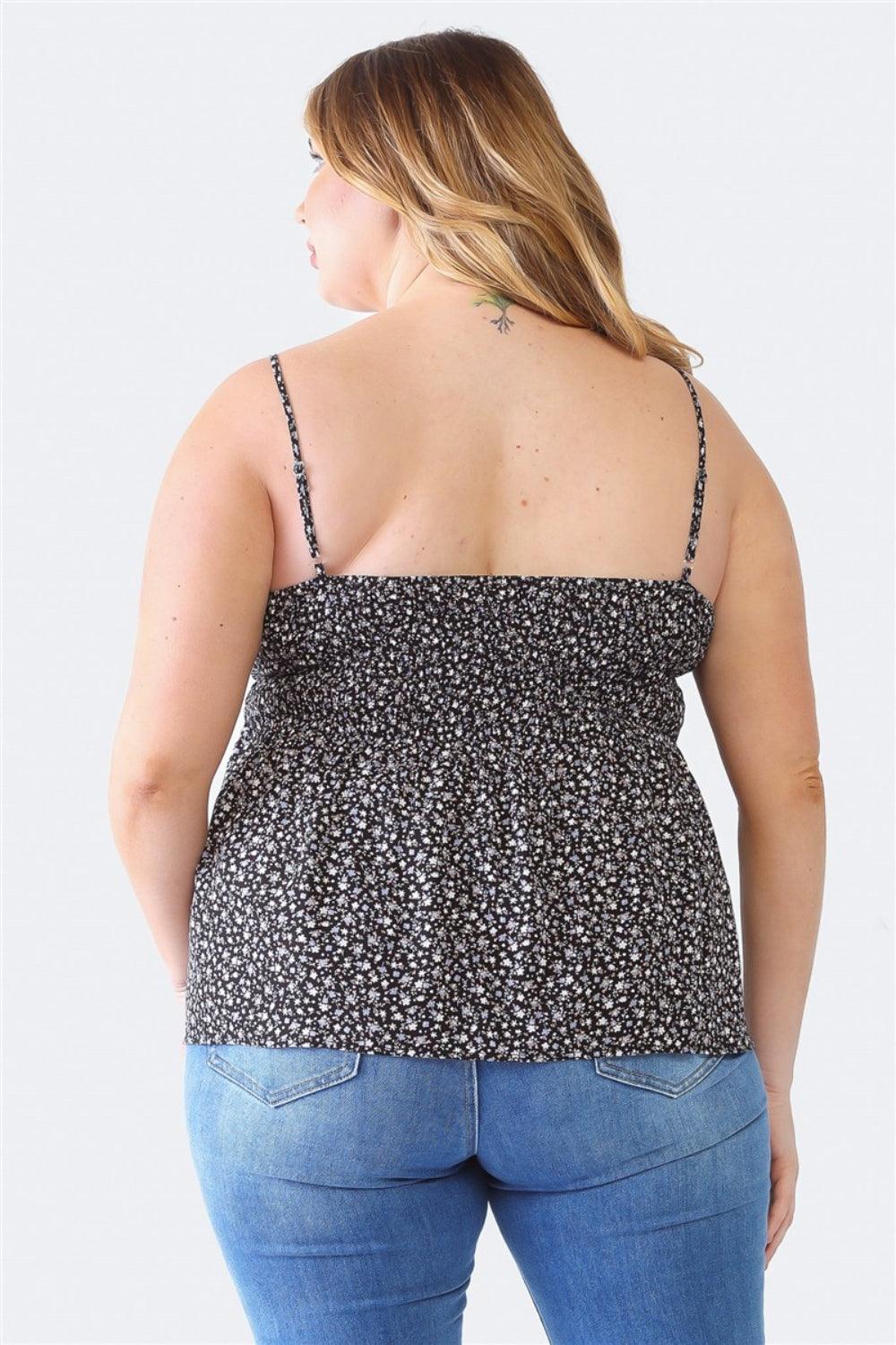 Zenobia Plus Size Frill Smocked Floral Sweetheart Neck Cami - Anchored Feather Boutique