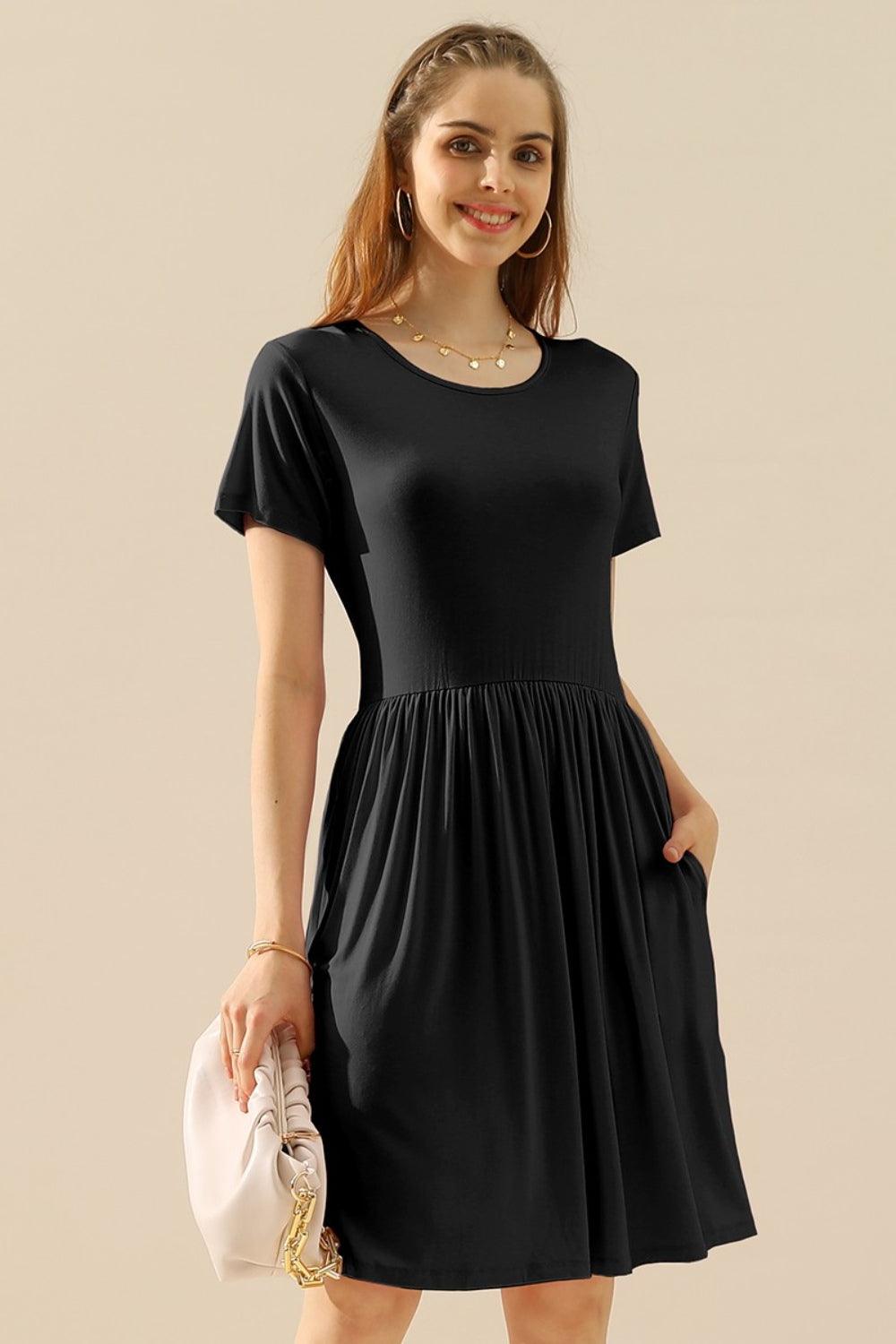 Ninexis Full Size Round Neck Ruched Dress with Pockets - Anchored Feather Boutique