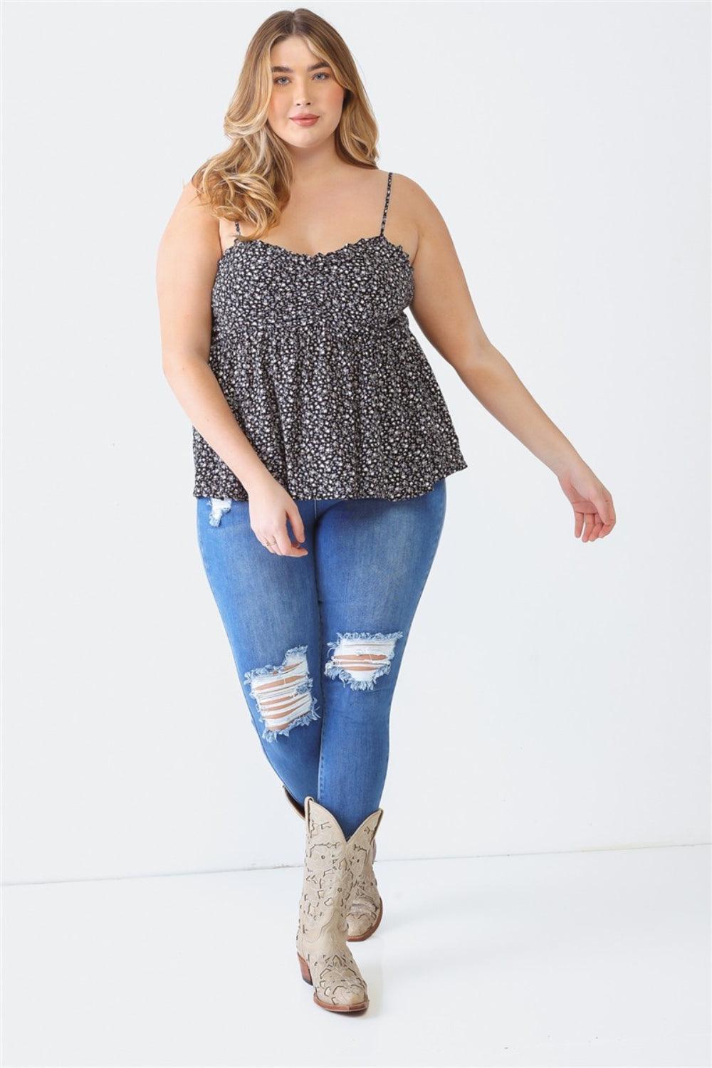 Zenobia Plus Size Frill Smocked Floral Sweetheart Neck Cami - Anchored Feather Boutique