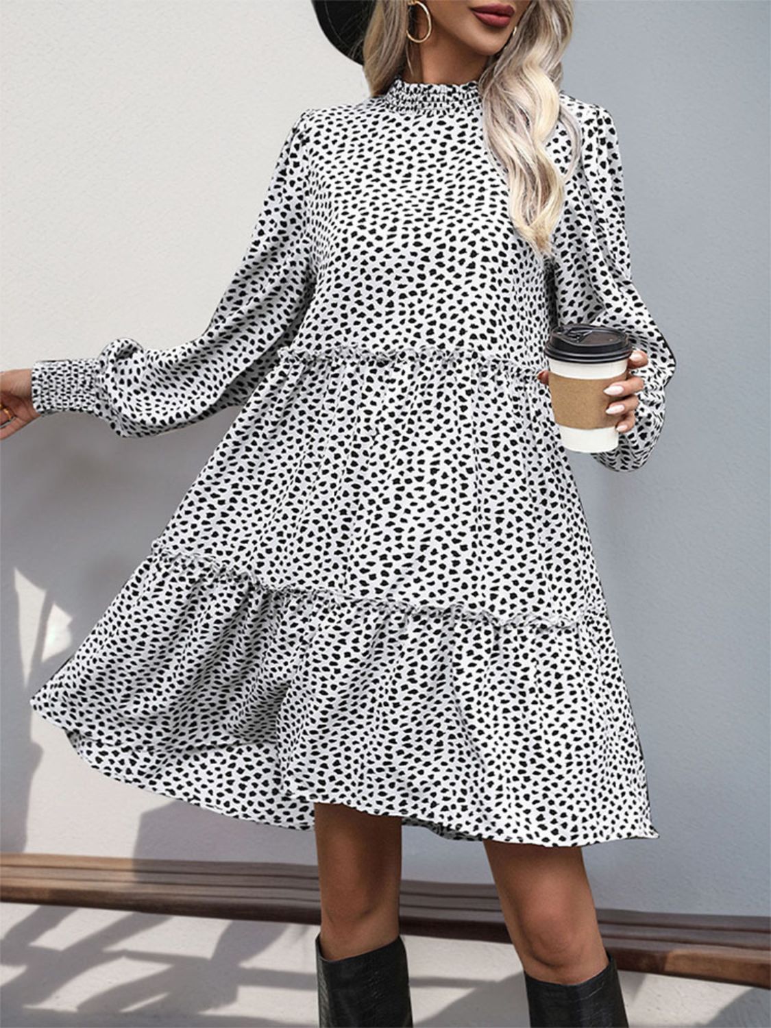 Perfee Frill Printed Mock Neck Long Sleeve Mini Dress