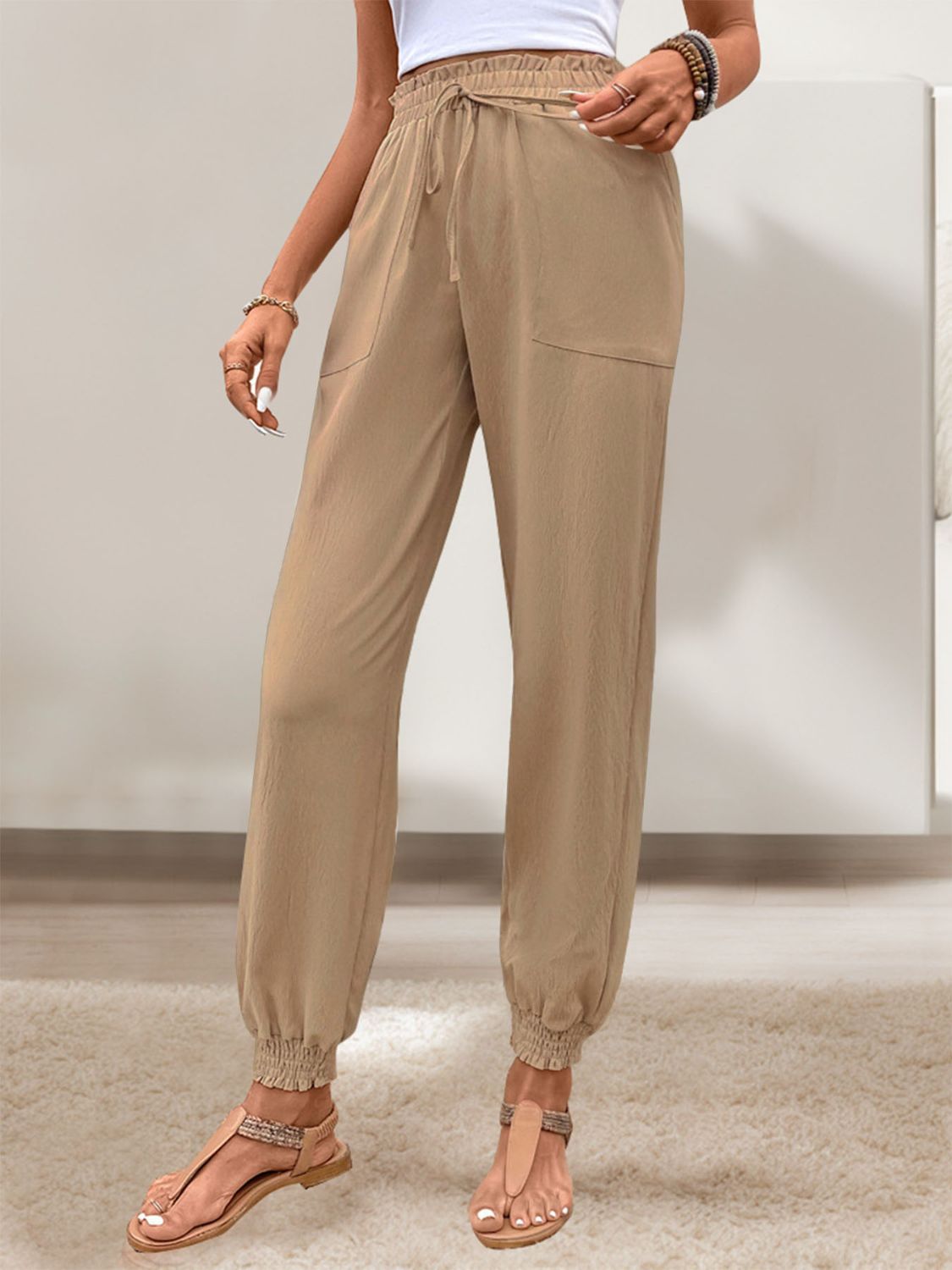 Perfee Tied Elastic Waist Pants with Pockets