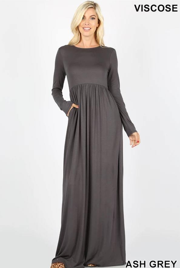 Minimalist Maxi Dress Small Feather Jersey Sleeveless Gray Pockets